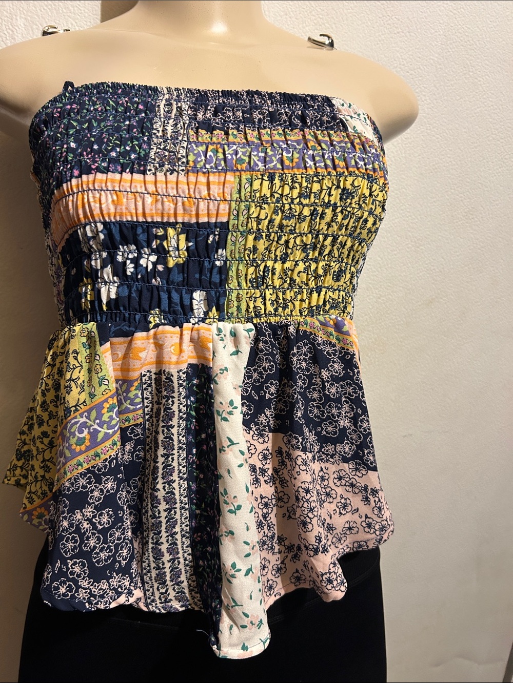 Sienna Sky Navy Yellow Patchwork Smocked Strapless Crop Top - Picture 1 of 7